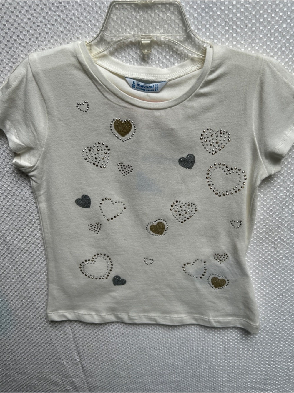 Mayoral Cream Short Sleeve Tee with Silver and Gold Hearts
